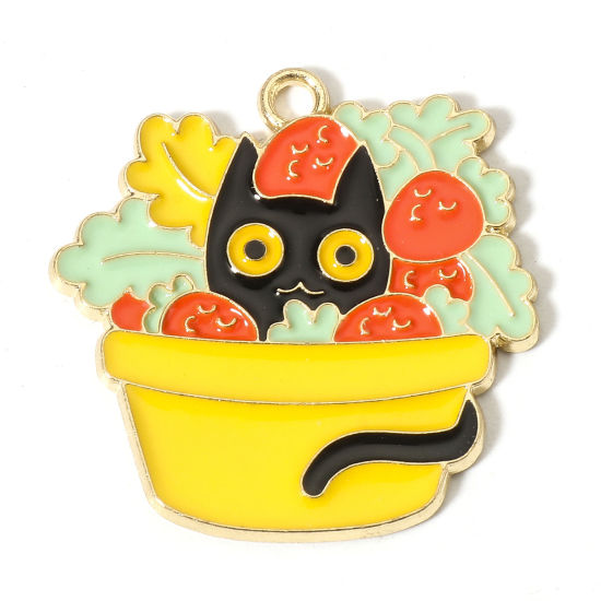 Picture of Zinc Based Alloy Charms Gold Plated Multicolor Flowerpot Cat Enamel 25mm x 25mm, 10 PCs