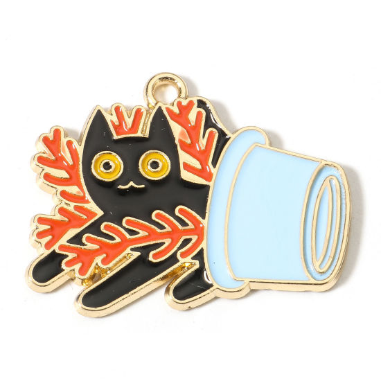 Picture of Zinc Based Alloy Charms Gold Plated Multicolor Flowerpot Cat Enamel 28mm x 23mm, 10 PCs