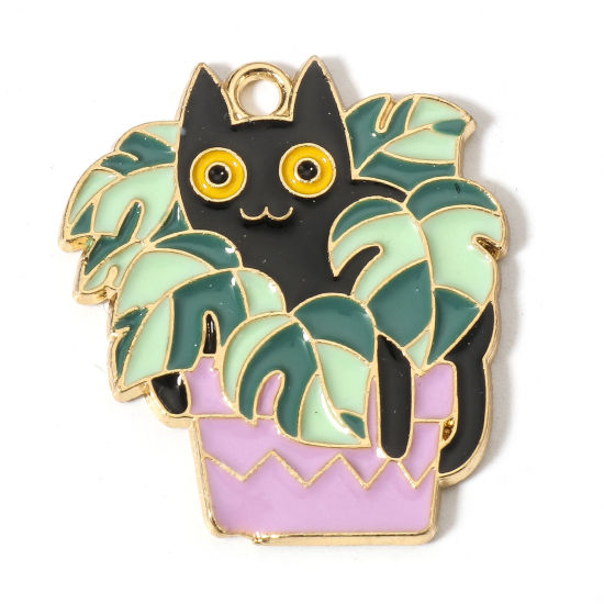 Picture of Zinc Based Alloy Charms Gold Plated Multicolor Flowerpot Cat Enamel 26mm x 23mm, 10 PCs