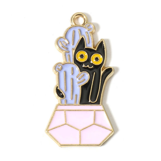 Picture of Zinc Based Alloy Charms Gold Plated Multicolor Flowerpot Cat Enamel 3cm x 1.5cm, 10 PCs