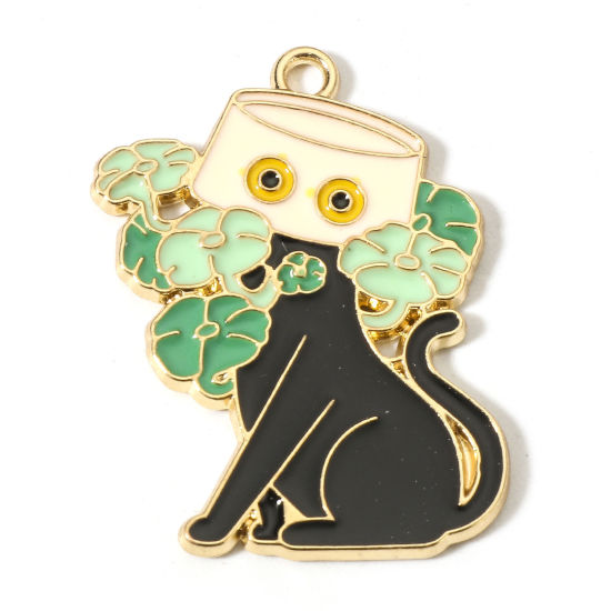 Picture of Zinc Based Alloy Charms Gold Plated Multicolor Flowerpot Cat Enamel 3cm x 2.3cm, 10 PCs