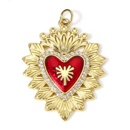 Picture of 1 Piece Brass Religious Pendants 18K Real Gold Plated Red Crown Ex Voto Heart Enamel Clear Cubic Zirconia 3.5cm x 2.5cm