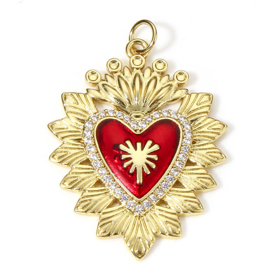 Picture of 1 Piece Brass Religious Pendants 18K Real Gold Plated Red Crown Ex Voto Heart Enamel Clear Cubic Zirconia 3.5cm x 2.5cm