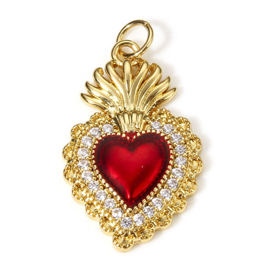 Picture of 1 Piece Brass Religious Pendants 18K Real Gold Plated Red Ex Voto Heart Enamel Clear Cubic Zirconia 28mm x 16mm