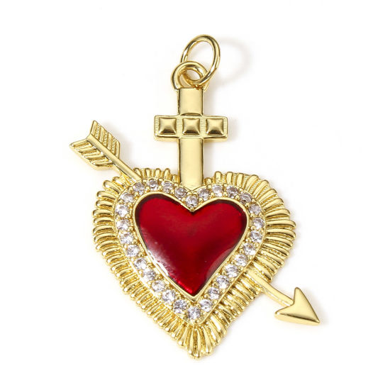 Picture of 1 Piece Brass Religious Pendants 18K Real Gold Plated Red Arrow Ex Voto Heart Enamel Clear Cubic Zirconia 3.1cm x 1.8cm