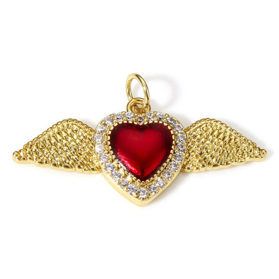 Picture of 1 Piece Brass Religious Pendants 18K Real Gold Plated Red Wing Ex Voto Heart Enamel Clear Cubic Zirconia 3.1cm x 1.7cm