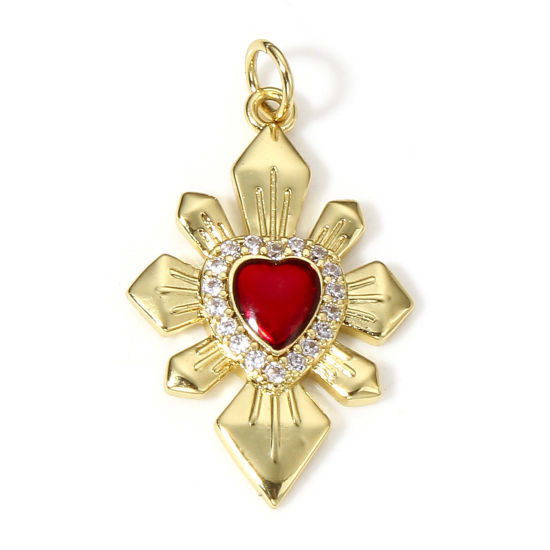 Picture of 1 Piece Brass Religious Pendants 18K Real Gold Plated Red Cross Ex Voto Heart Enamel Clear Cubic Zirconia 29.5mm x 17mm