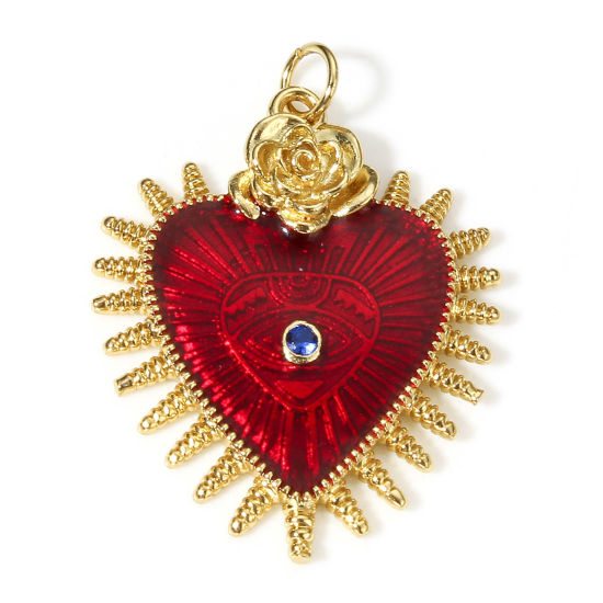 Picture of 1 Piece Brass Religious Pendants 18K Real Gold Plated Red Rose Flower Ex Voto Heart Enamel Clear Cubic Zirconia 3.4cm x 2.5cm