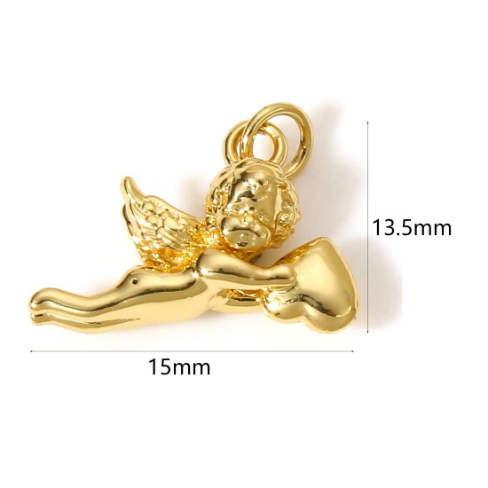 Picture of 1 Piece Brass Religious Charms 18K Real Gold Plated Angel Heart 3D 15mm x 13.5mm