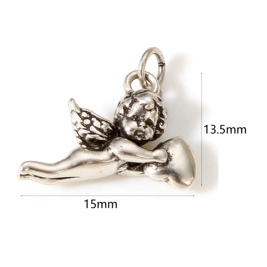 Picture of 1 Piece Brass Religious Charms Antique Silver Color Angel Heart 3D 15mm x 13.5mm