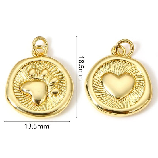 Image de 1 Pièce Breloques Mémorial d'Animaux Domestiques en Laiton Griffe de Patte de Chien Plaqué Or Véritable 18K Cœur Double Face 18.5mm x 13.5mm