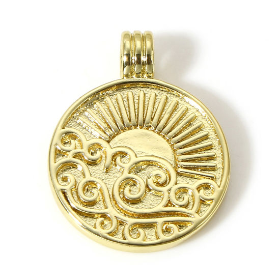 Image de 1 Pièce Breloques en Laiton Soleil Plaqué Or Véritable 18K Vague 22.5mm x 17.5mm