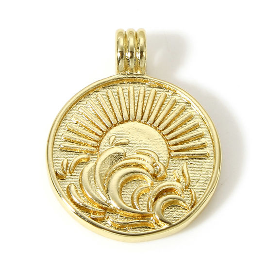 Image de 1 Pièce Breloques en Laiton Soleil Plaqué Or Véritable 18K Vague 22.5mm x 17.5mm