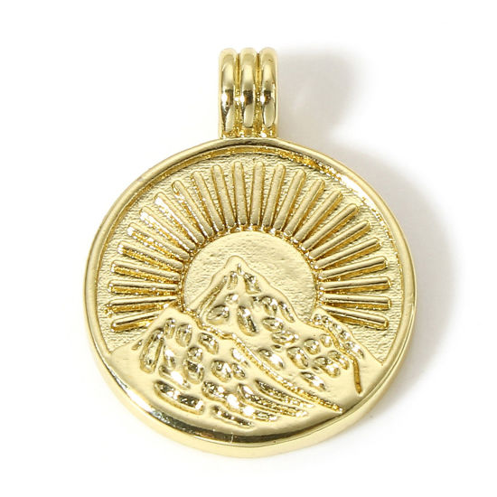 Image de 1 Pièce Breloques en Laiton Soleil Plaqué Or Véritable 18K Montagne 22.5mm x 17.5mm