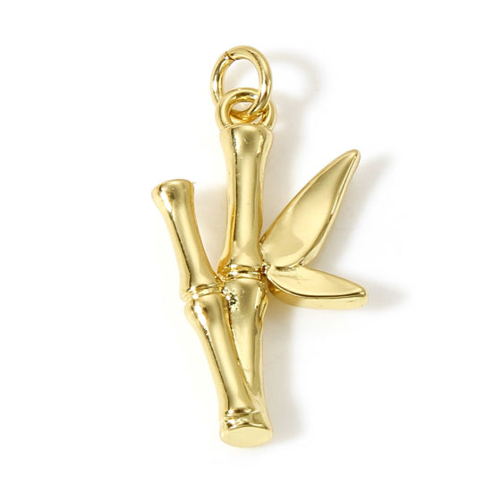 Picture of 1 Piece Brass Charms 18K Real Gold Plated Bamboo-shaped 3D 22mm x 11mm