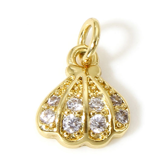 Picture of 1 Piece Brass Charms 18K Real Gold Plated Shell Clear Cubic Zirconia 11mm x 7.5mm                                                                                                                                                                             