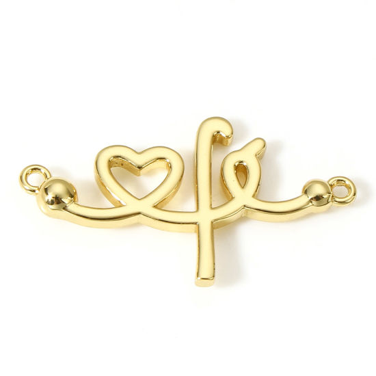 Picture of 1 Piece Brass Medical Connectors Charms Pendants Heartbeat/ Electrocardiogram Heart 18K Real Gold Plated 27.5mm x 15.5mm                                                                                                                                      