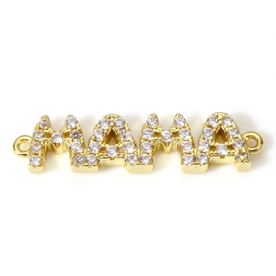 Picture of 1 Piece Brass Mother's Day Connectors Charms Pendants 18K Real Gold Plated Micro Pave Clear Rhinestone Message " Mama " 23mm x 5mm                                                                                                                            