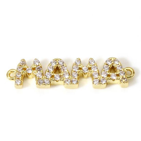 Picture of 1 Piece Brass Mother's Day Connectors Charms Pendants 18K Real Gold Plated Micro Pave Clear Rhinestone Message " Mama " 23mm x 5mm