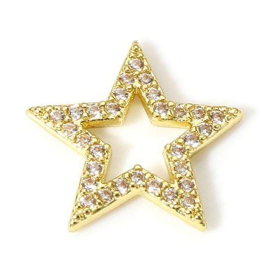 Picture of 1 Piece Brass Galaxy Connectors Charms Pendants Pentagram Star 18K Real Gold Plated Micro Pave Clear Cubic Zirconia 13mm x 13mm                                                                                                                               