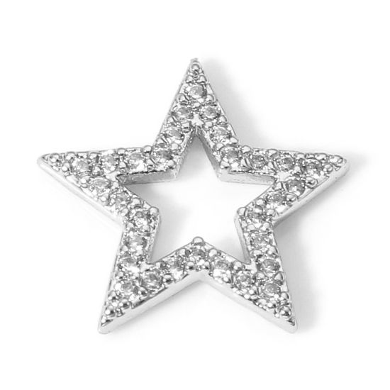 Picture of 1 Piece Brass Galaxy Connectors Charms Pendants Pentagram Star Real Platinum Plated Micro Pave Clear Cubic Zirconia 13mm x 13mm                                                                                                                               