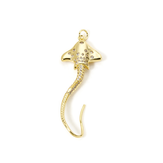 Picture of 1 Piece Brass Ocean Jewelry Pendants 18K Gold Color Manta Ray Fish 3D Clear Cubic Zirconia 4.9cm x 1.8cm