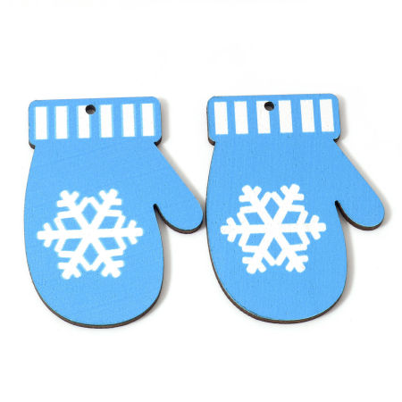 Bild von 10 Stück Natürliches Holz Weihnachten Anhänger Weiß & Blau Handschuh Schneeflocke 5.5cm x 4.1cm