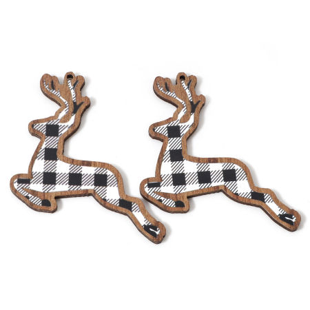 Picture of 10 PCs Natural Wood Christmas Pendants Black & White Pere David's Deer Grid Checker 5.5cm x 4.9cm