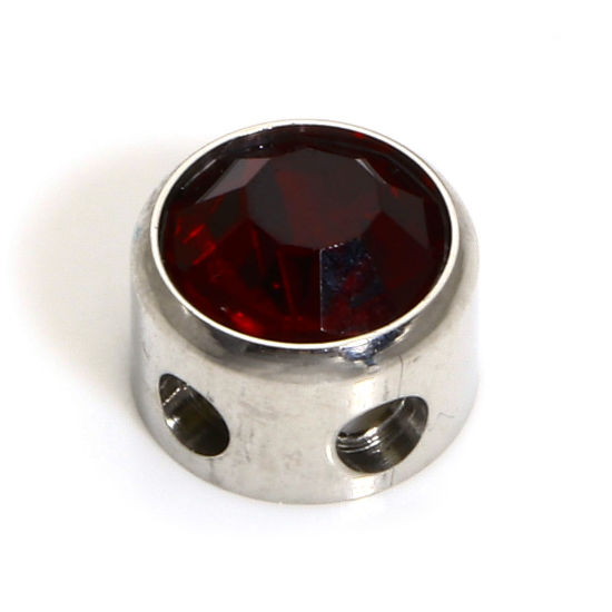 Picture of 1 Piece 304 Stainless Steel Birthstone Beads For DIY Charm Jewelry Making Round Silver Tone January Dark Red Rhinestone 7.5mm Dia., Hole: Approx 1.8mm