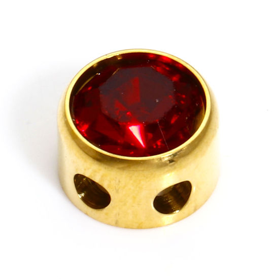 Picture of 1 Piece 304 Stainless Steel Birthstone Beads For DIY Charm Jewelry Making Round 18K Gold Color January Dark Red Rhinestone 7.5mm Dia., Hole: Approx 1.8mm