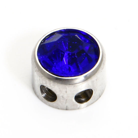 Picture of 1 Piece 304 Stainless Steel Birthstone Beads For DIY Charm Jewelry Making Round Silver Tone September Royal Blue Rhinestone 7.5mm Dia., Hole: Approx 1.8mm