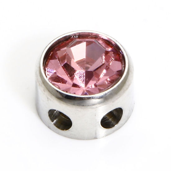 Picture of 1 Piece 304 Stainless Steel Birthstone Beads For DIY Charm Jewelry Making Round Silver Tone October Pink Rhinestone 7.5mm Dia., Hole: Approx 1.8mm