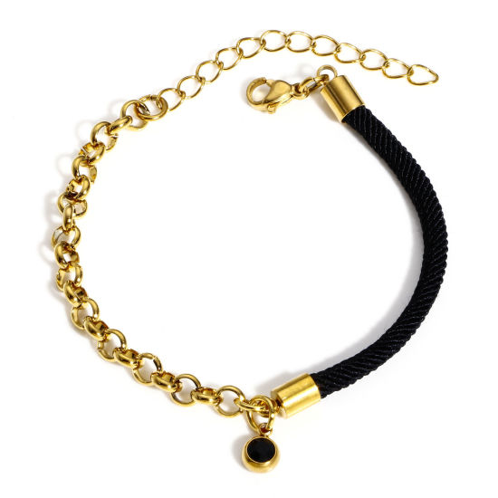 Imagen de 1 Unidad 304 Acero Inoxidable Empalme Rollo Cadena Pulseras Trenzadas Chapado en Oro Negro Rhinestone 17cm longitud