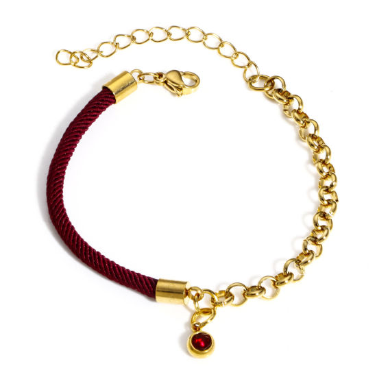 Imagen de 1 Unidad 304 Acero Inoxidable Empalme Rollo Cadena Pulseras Trenzadas Chapado en Oro Color de Vino Tinto Rhinestone 17cm longitud