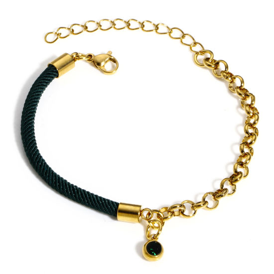 Imagen de 1 Unidad 304 Acero Inoxidable Empalme Rollo Cadena Pulseras Trenzadas Chapado en Oro Verde Rhinestone 17cm longitud