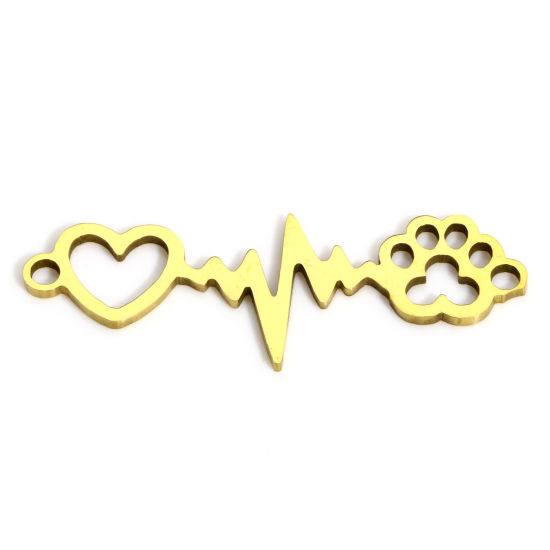 Picture of 5 PCs 202 Stainless Steel Connectors Charms Pendants Gold Plated Heartbeat/ Electrocardiogram Paw Claw 3.3cm x 1.2cm