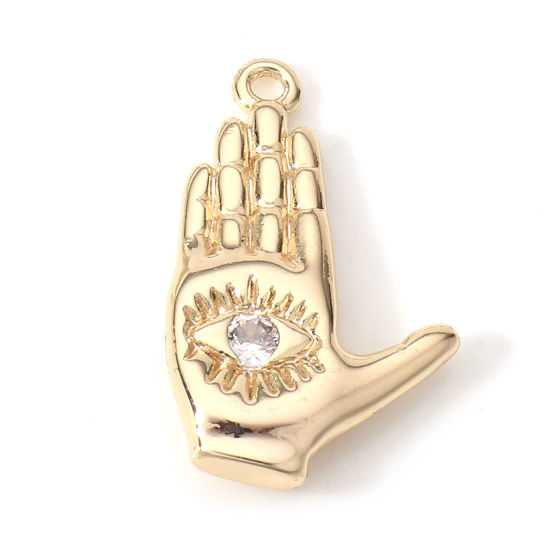 Image de 2 Pcs Breloques Religieux en Laiton Khamsa Symbole Paume Plaqué Or Véritable 18K Oeil de la Providence/ Oeil Qui Voit Tout à Zircone Cubique Clair 21mm x 13mm