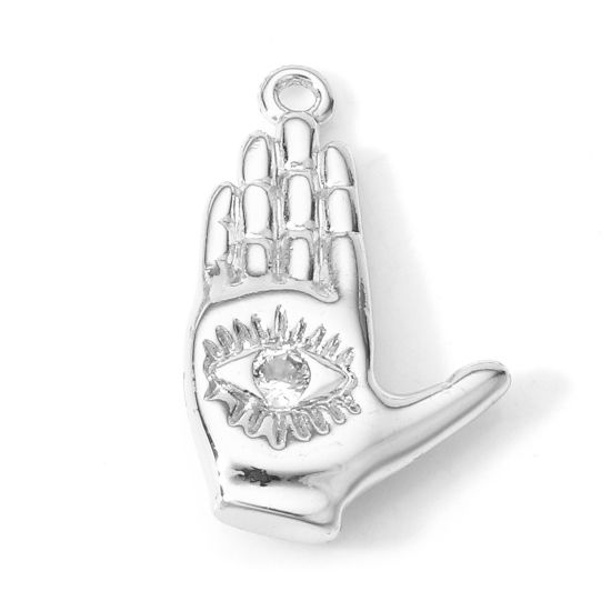 Picture of 2 PCs Brass Religious Charms Real Platinum Plated Hamsa Symbol Hand Eye of Providence/ All-seeing Eye Clear Cubic Zirconia 21mm x 13mm