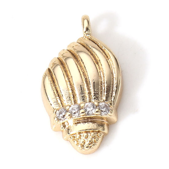 Picture of 2 PCs Brass Charms 18K Real Gold Plated Conch/ Sea Snail Shell Clear Cubic Zirconia 13.5mm x 7.5mm