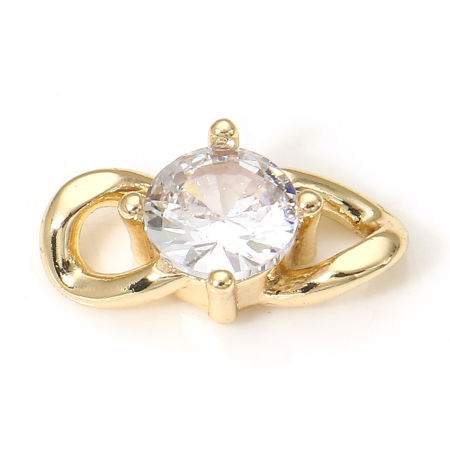 Picture of 2 PCs Brass Connectors Charms Pendants 18K Real Gold Plated Clear Cubic Zirconia 14.5mm x 7.5mm
