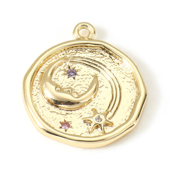 Bild von 2 Stück Messing Galaxis Charms 18K Echtgold plattiert Stern Mond Klar Zirkonia 22mm x 19mm