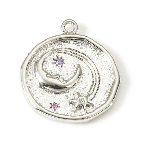 Bild von 2 Stück Messing Galaxis Charms Echt Platin plattiert Stern Mond Klar Zirkonia 22mm x 19mm