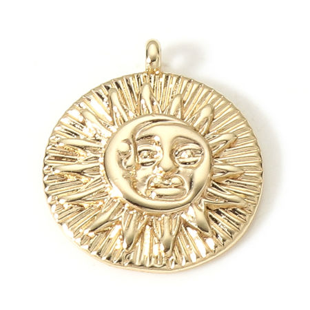 Picture of 2 PCs Brass Galaxy Disc Charms 18K Real Gold Plated Round Sun And Moon Face 16mm x 14mm