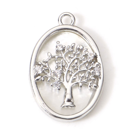 Picture of 1 Piece Shell & Brass Charms Real Platinum Plated Oval Tree 20.5mm x 13.5mm
