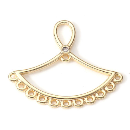 Picture of 2 PCs Brass Chandelier Connectors Fan-shaped 18K Real Gold Plated Clear Cubic Zirconia 28mm x 24mm