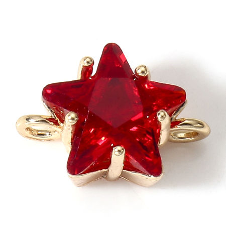 Picture of 2 PCs Brass Galaxy Connectors Charms Pendants Pentagram Star 18K Real Gold Plated Red With Glass Cabochons 11mm x 8mm