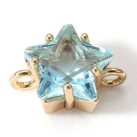Picture of 2 PCs Brass Galaxy Connectors Charms Pendants Pentagram Star 18K Real Gold Plated Light Blue With Glass Cabochons 11mm x 8mm