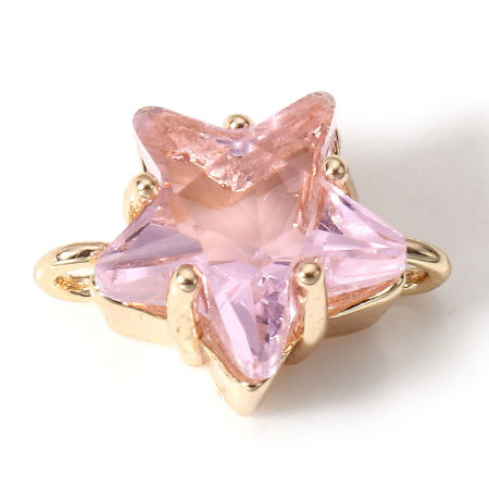 Picture of 2 PCs Brass Galaxy Connectors Charms Pendants Pentagram Star 18K Real Gold Plated Pink With Glass Cabochons 11mm x 8mm