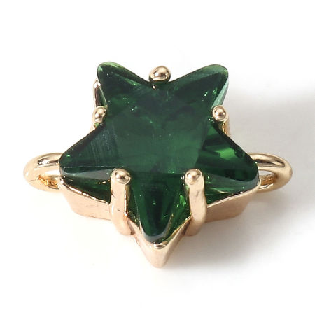 Picture of 2 PCs Brass Galaxy Connectors Charms Pendants Pentagram Star 18K Real Gold Plated Green With Glass Cabochons 11mm x 8mm