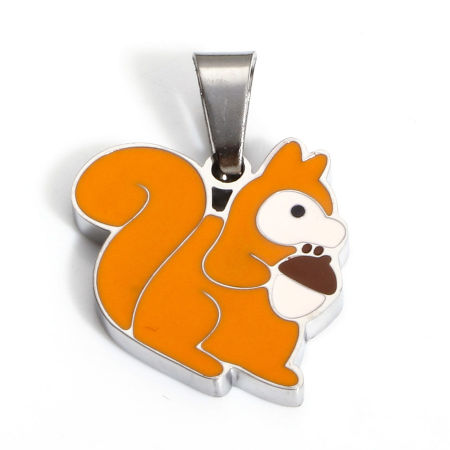 Picture of 1 Piece 304 Stainless Steel Charm Pendant Silver Tone Squirrel Animal Enamel 19mm x 15mm